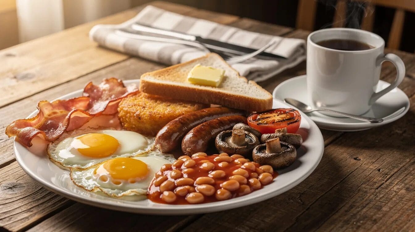 The image showcases a traditional English breakfast served at Guy's Bar in East Yorkshire, featuring locally sourced ingredients such as eggs, sausages, baked beans, and toast, all presented in a cozy and friendly atmosphere. This hearty meal is perfect for a relaxed weekend breakfast with the whole family at Patrington Haven Leisure Park.